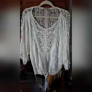 REDUCED!  Democracy White Crocheted Tie-Front Blouse